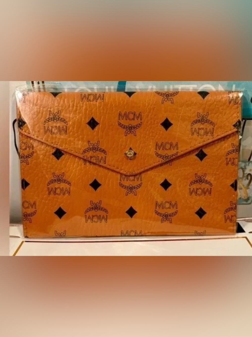 MCM Embossed Logo Faux Leather Clutch Cosmetic Pouch Bag Black Tan
